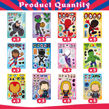 36 Pieces Make-a-face Stickers Pack, Heroes Make Your Own Stickers, Mixed & Matched with 12 Designed Characters(3 of Each) for Party Decoration