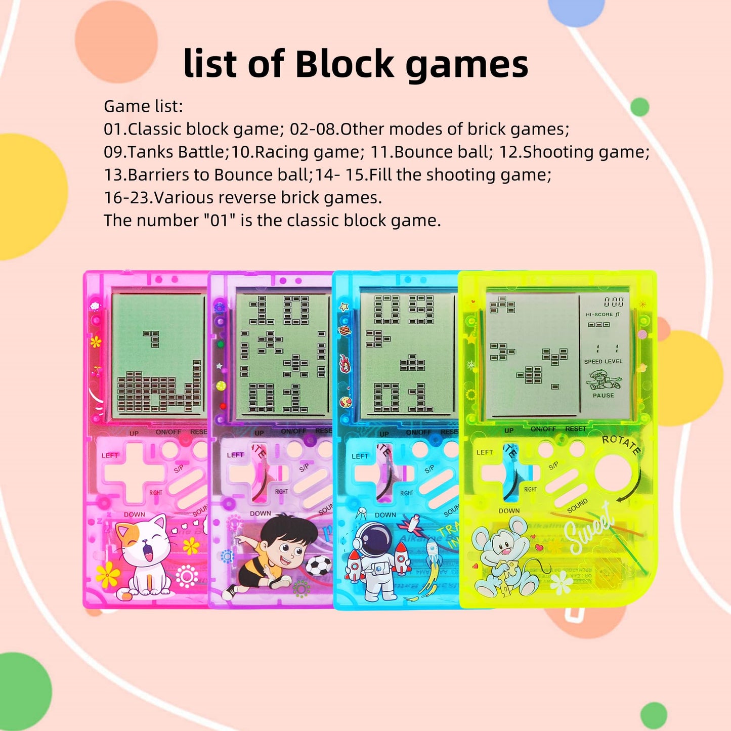 CZT Transparent Block Game Machine 23 Built-in Games Retro Children's Game Console Student Device Puzzle Handheld Console Electronic Brick Compact