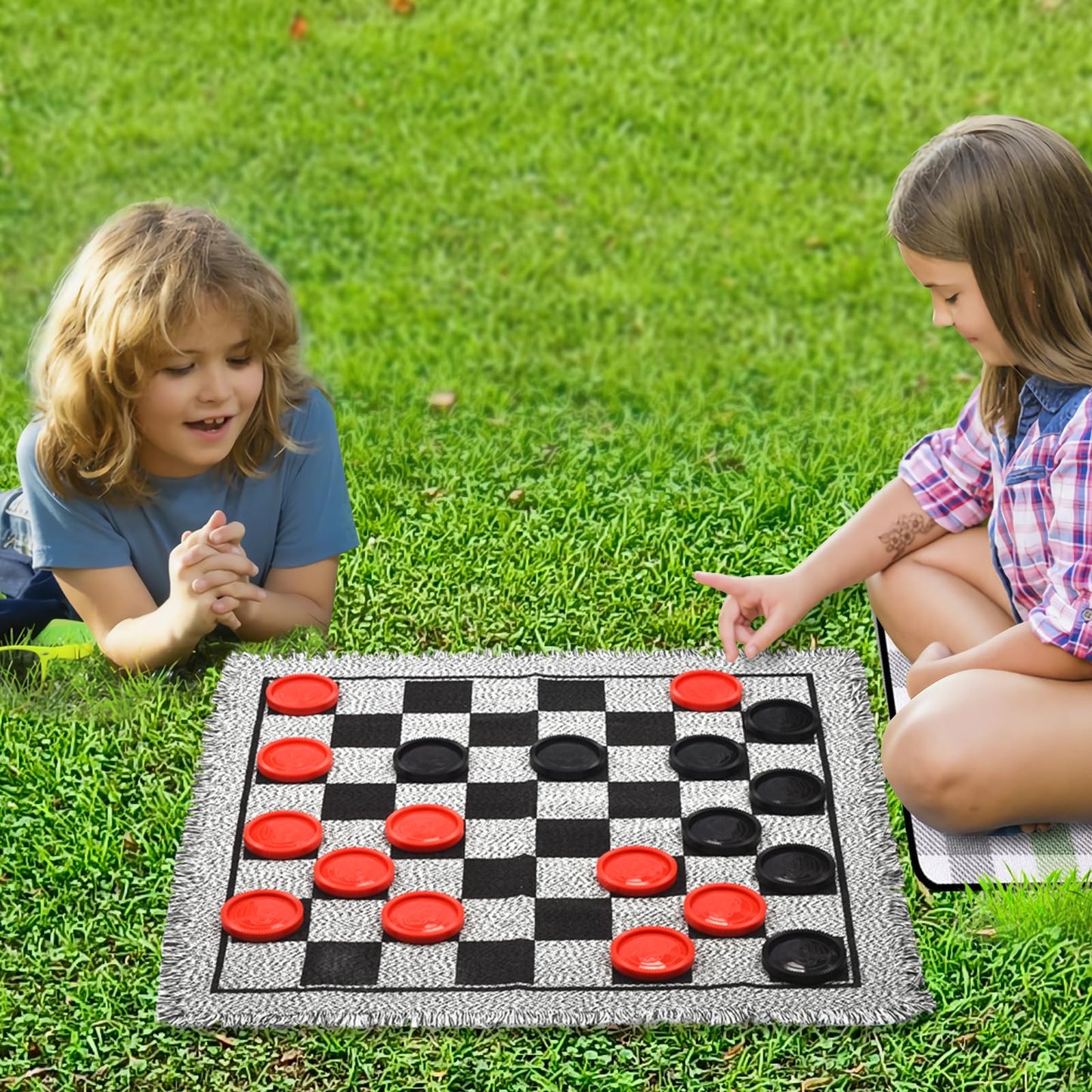 QuadPro Giant Checkers Board Game Set,3 in 1 Jumbo Tic Tac Toe Game,Classic Checkers Board Game for Kids & Adults,Large Checkers Rug Game Mat,Indoor