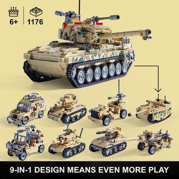 Military Tank Building Blocks Set Compatible with Lego, 1176-Piece 9 in 1 Army Vehicle Model with Rolling Tracks and Rotating Turret, Build, Play