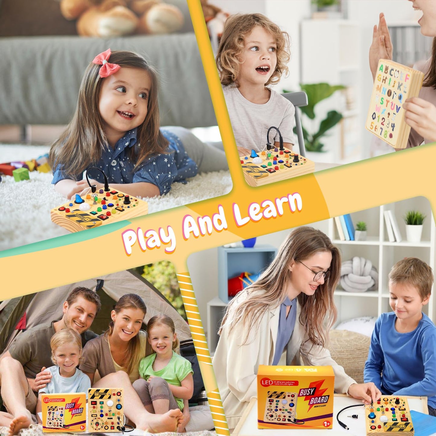 Busy Board with LED Light Switches, Montessori Toys for 1 2 3 Years Old, Toddlers Wooden Toy Sensory Activity Board, Travel Toys for 1+ Year Old Boy