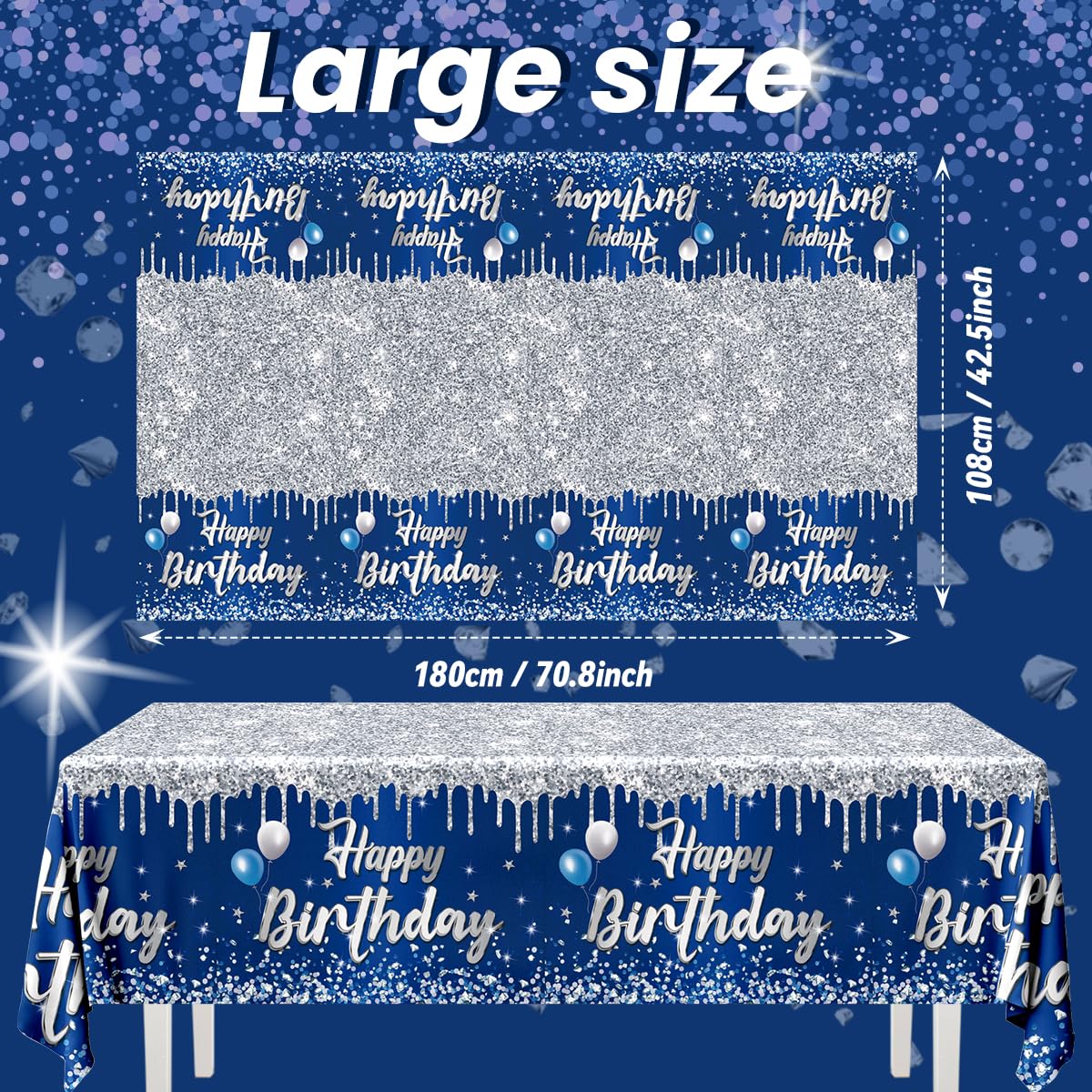 Dydamud Happy Birthday Tablecloth,3pcs Navy Blue and Sliver Table Cloths for Parties Rectangle Glitter Navy Blue Birthday Decoration for 18th 21st