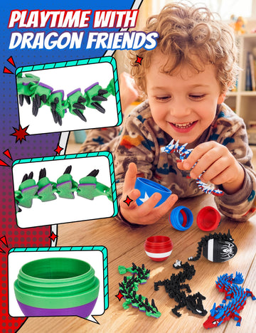 TBOLINE 4PCS 3D Printed Dragon Egg, Articulated Superhero Small Dragon Toys for Kids, 3D Printed Animals Spider Dinosaur Eggs Treasure Box Prizes