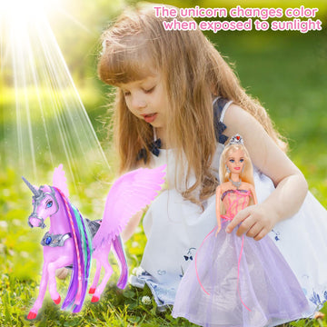 BETTINA Color Changing Unicorn & Princess Doll, Color Change on Whole Unicorn Under Sunshine, 11.5'' Princess Doll Toy, Unicorn Toys with Removable