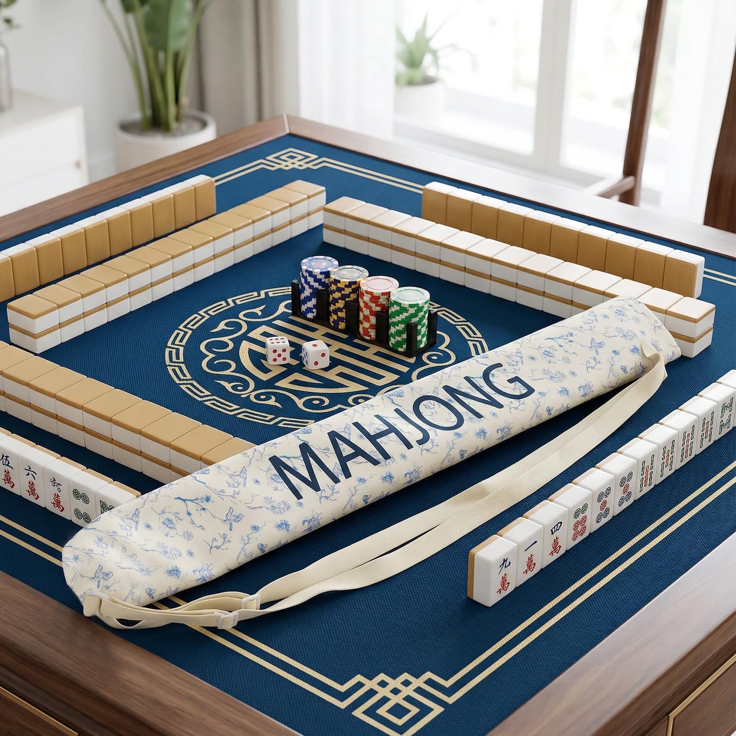 Xelbreelark 35.4 Inch Long Canvas Mahjong Mat Carrying Bag Double Strapped Drawstring Holder Durable Bag Only for Mahjong Lovers, Mat Not Included