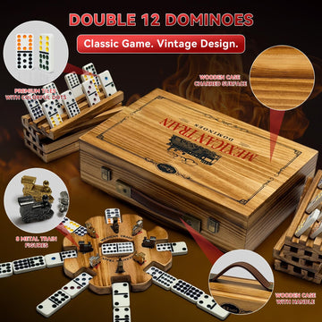 Mexican Train Dominoes Set with 8 Charcoal-burned Wooden Holders & Hub, Double 12 Dominos Set Colored Dot 91 Tiles in Vintage Wooden Case, Travel