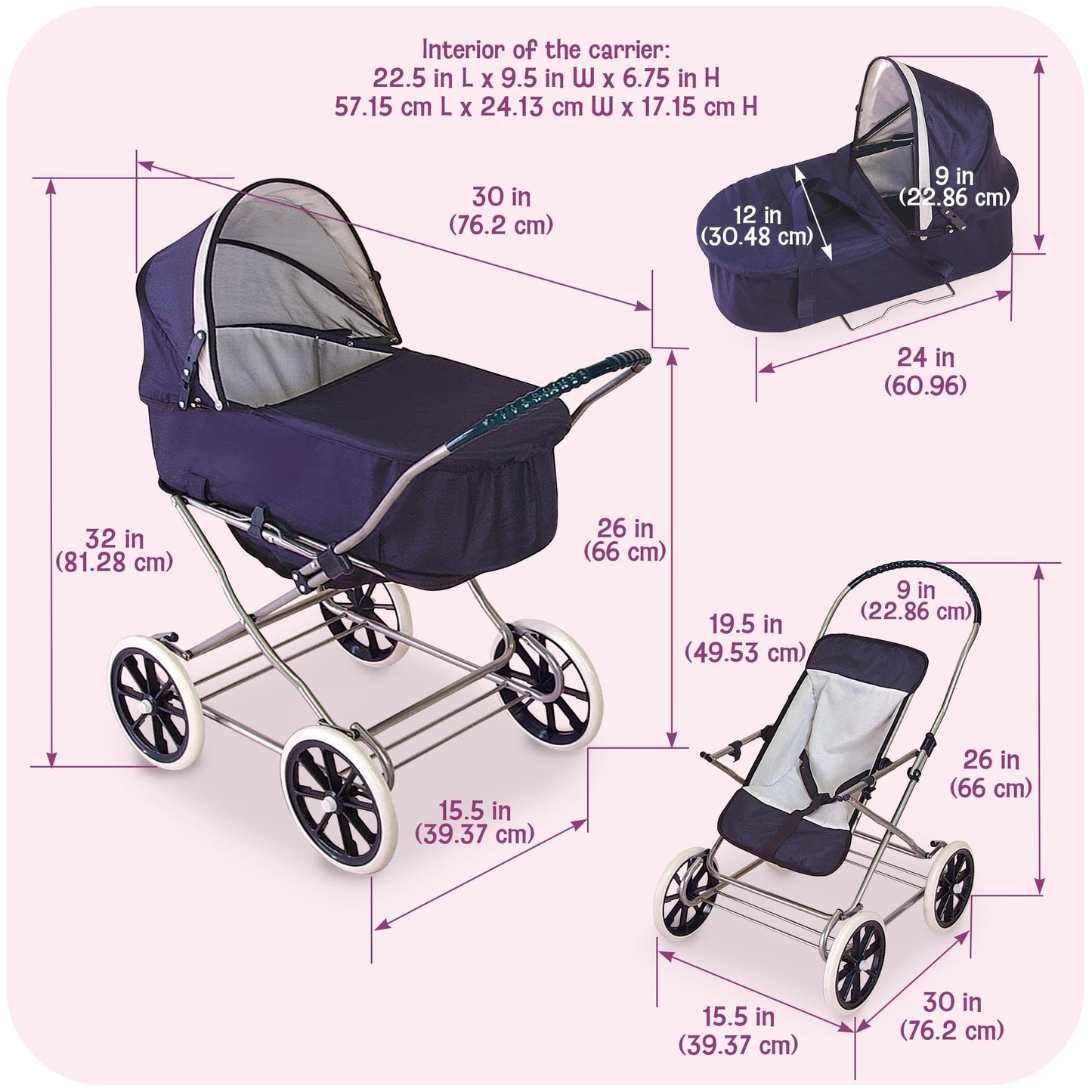 Badger Basket English Style Doll Stroller - Adjustable Canopy Classic Doll Pram - Fits 18 to 22-Inch Dolls - Durable Pretend Play Toy with Smooth