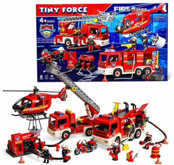 Tiny Force Fire Rescue Set - Fire Truck with Ladder, Toy Helicopter, Motorcycle & Fire Water Pump, Emergency Pretend Play Toys for Kids & Toddlers
