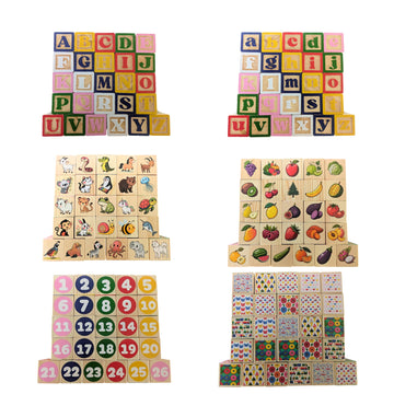 Tot Dojo ABC-123 Pine Wood Educational Blocks Set, 26 Pieces - Alphabet, Numbers, Animals, Fruits & Patterns for Toddlers