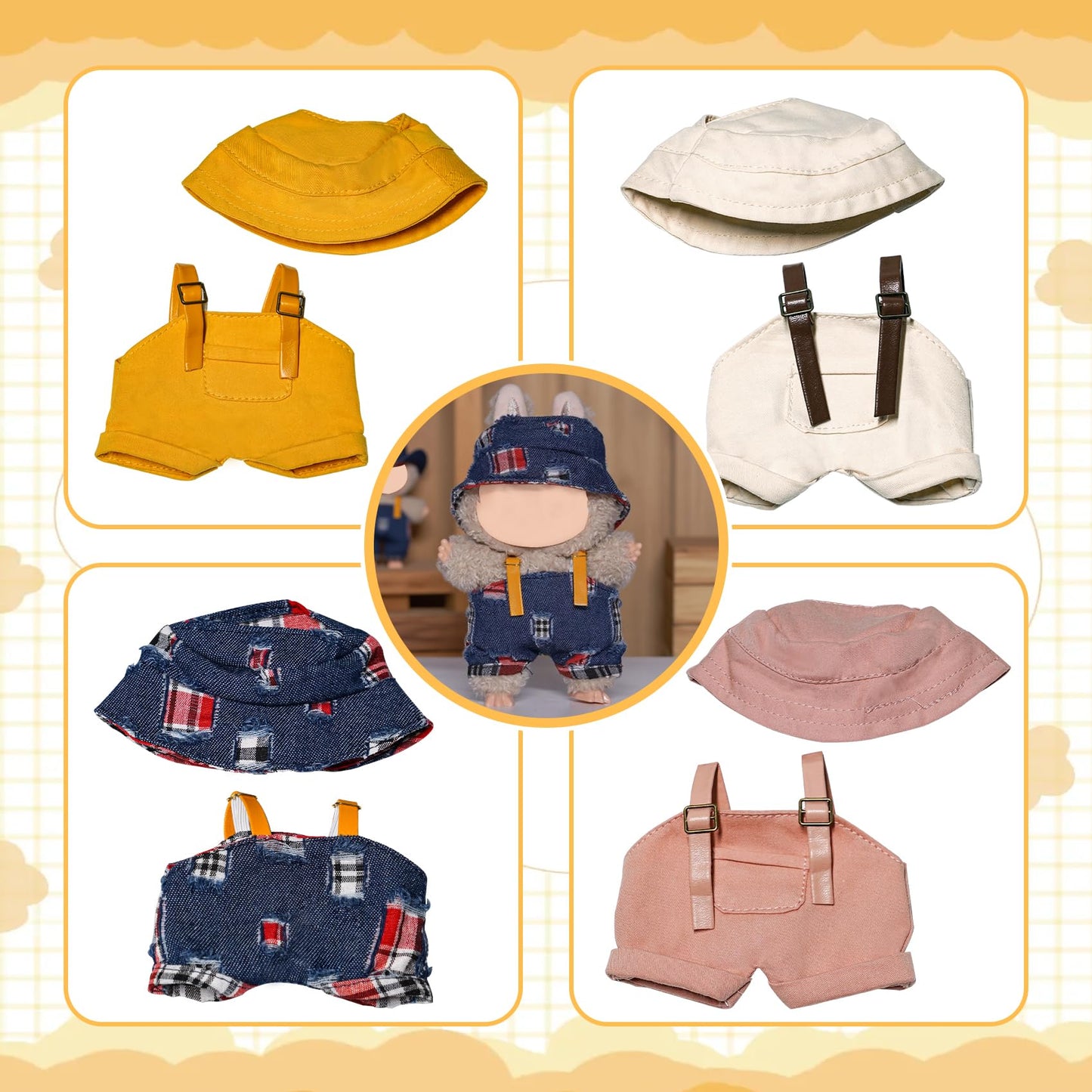 Doll Clothes Accessories Set for 17cm2PCS Doll Clothes and HatsCute yellowtartan pinkmilk whitedesignSuitable for 6.7-inch Cute Doll Clothing (Blue