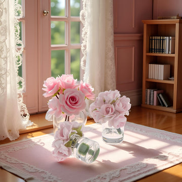 2 Pcs Pink Dollhouse Miniature Flowers Dollhouse Mini Vase with Flower Dolls House Flower Glass Vase 1:12 Scale Dollhouse Miniature Flower in Vase