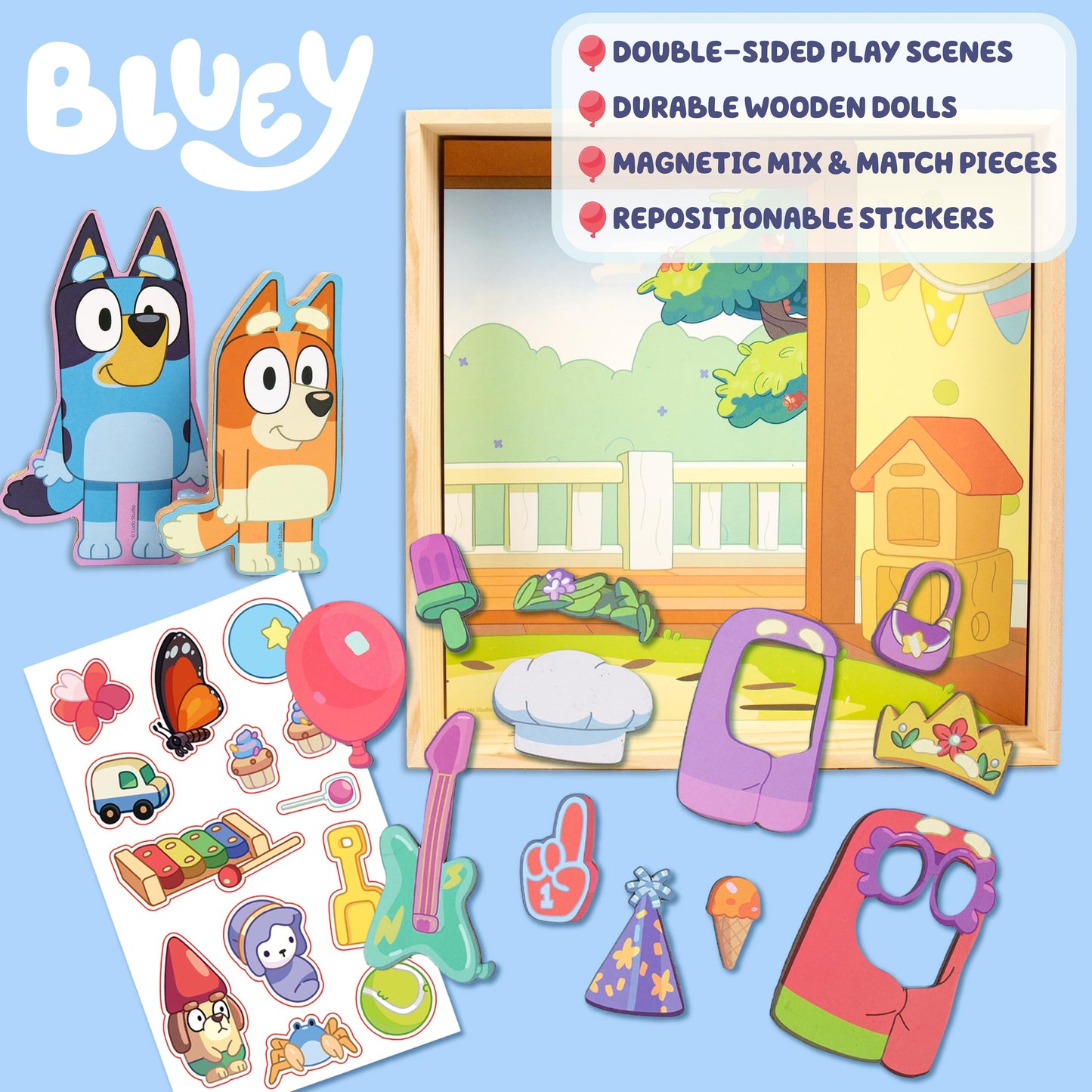 Horizon Group USA Bluey Magnetic Wooden Playhouse, 18 Piece Activity Set, Includes 2 Wooden Dolls House, Great Toys for Kids, Fun Birthday Party