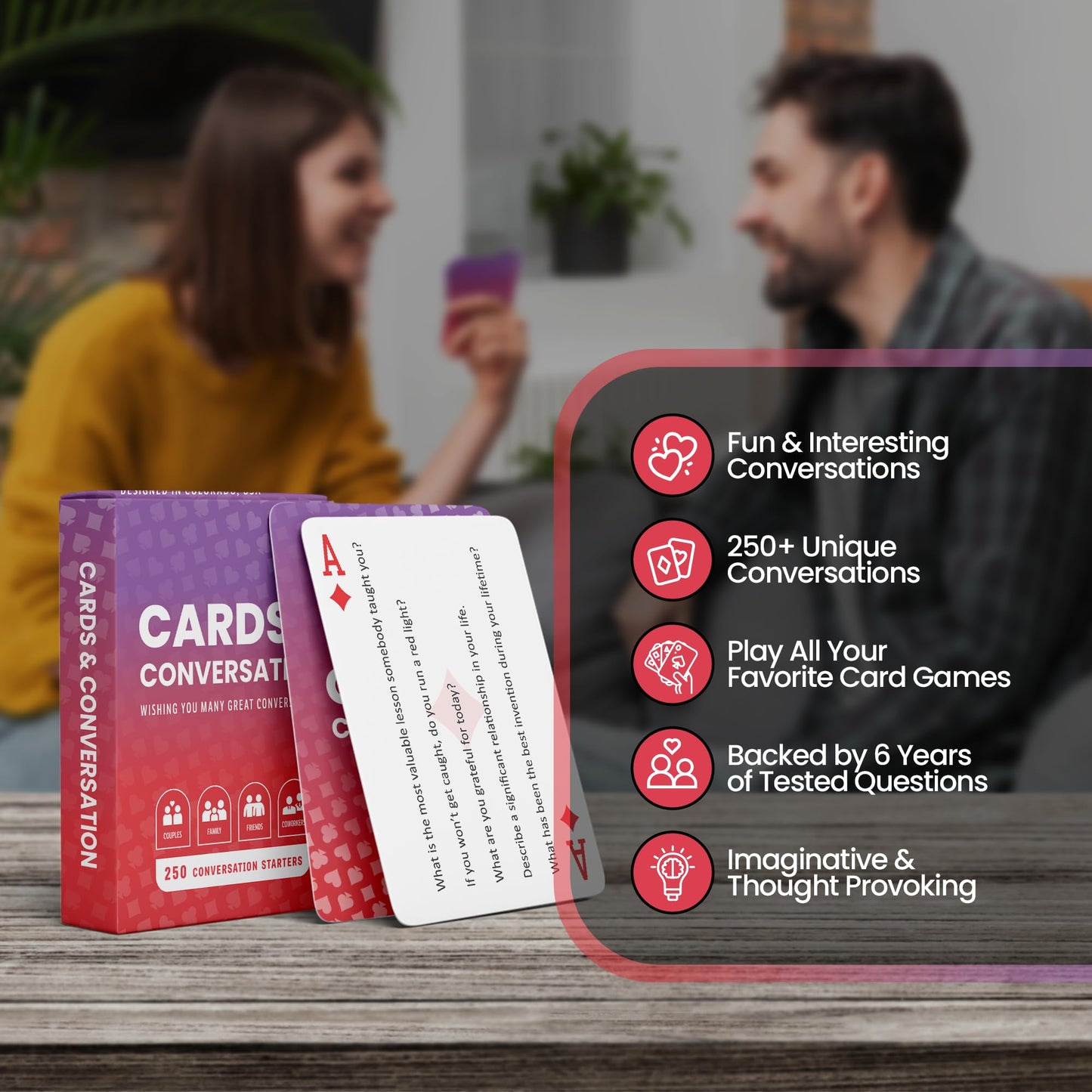 Cards & Conversation 250 Conversation Starter Cards, Deep Questions Card Game for Families, Couples, Friends, Fun Icebreaker Game & Getting to Know