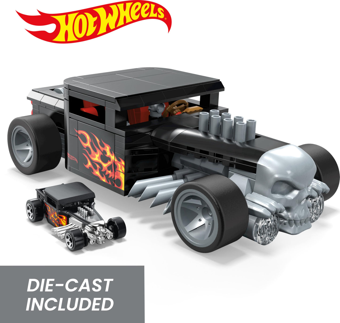 MEGA Hot Wheels Race Car Building Toys Set, Bone Shaker with 334 Pieces and Metal Die-Cast Model, Collector Replica, Black and Chrome, Kids & Adults