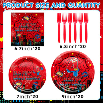 Red Spider 4th Birthday Party Supplies, Spider Web Birthday Plates Set Include Paper Plates, Napkins, Forks for Spider Themed Party Favors