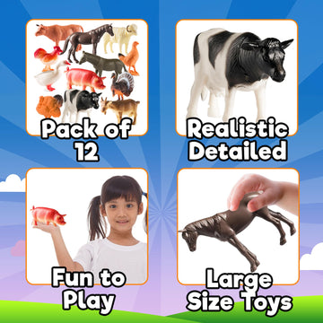 Bedwina Large Farm Animal Toys - 12 Pack - Plastic Farm Animals for Kids, Realistic 3-5 Inch Ranch / Barnyard Toy Figures Styles Include Sheep, Horse