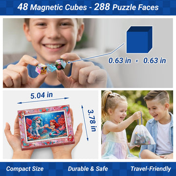 TOSY Picture Cube Fairy Unicorns: 6-in-1 Magnetic Picture Puzzle, 48 Blocks, 288 Puzzle Faces, 0.6 in, B061, Seamless UV Art, Display-Ready Frame