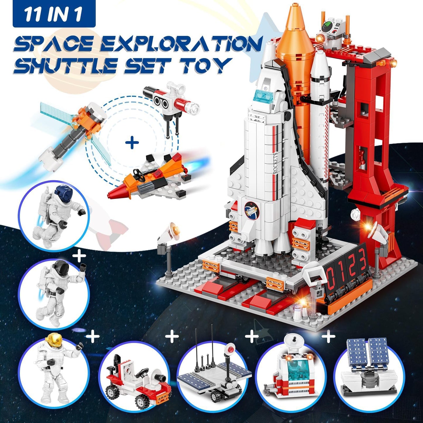 EXCOUP Space Exploration Shuttle Toys, 12-in-1 STEM Aerospace Building Kit Toy, Rocket Building Kit Toy with Launcher, Astronauts, Airplane Rocket