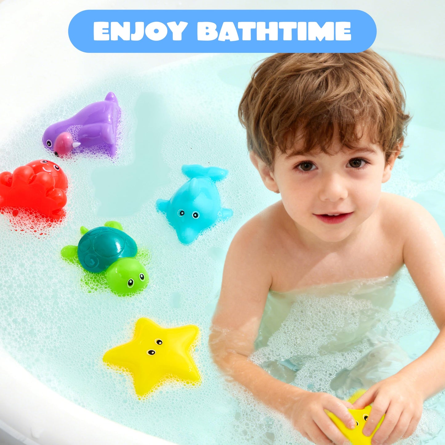 JOYIN 6 Pcs Sea Animal Bath Toys, Sealed & No-Hole & Mold Free Bathtub Toys for Kids, Non-Toxic & Soft Water Vehicles Toys, Squeezable & Float on