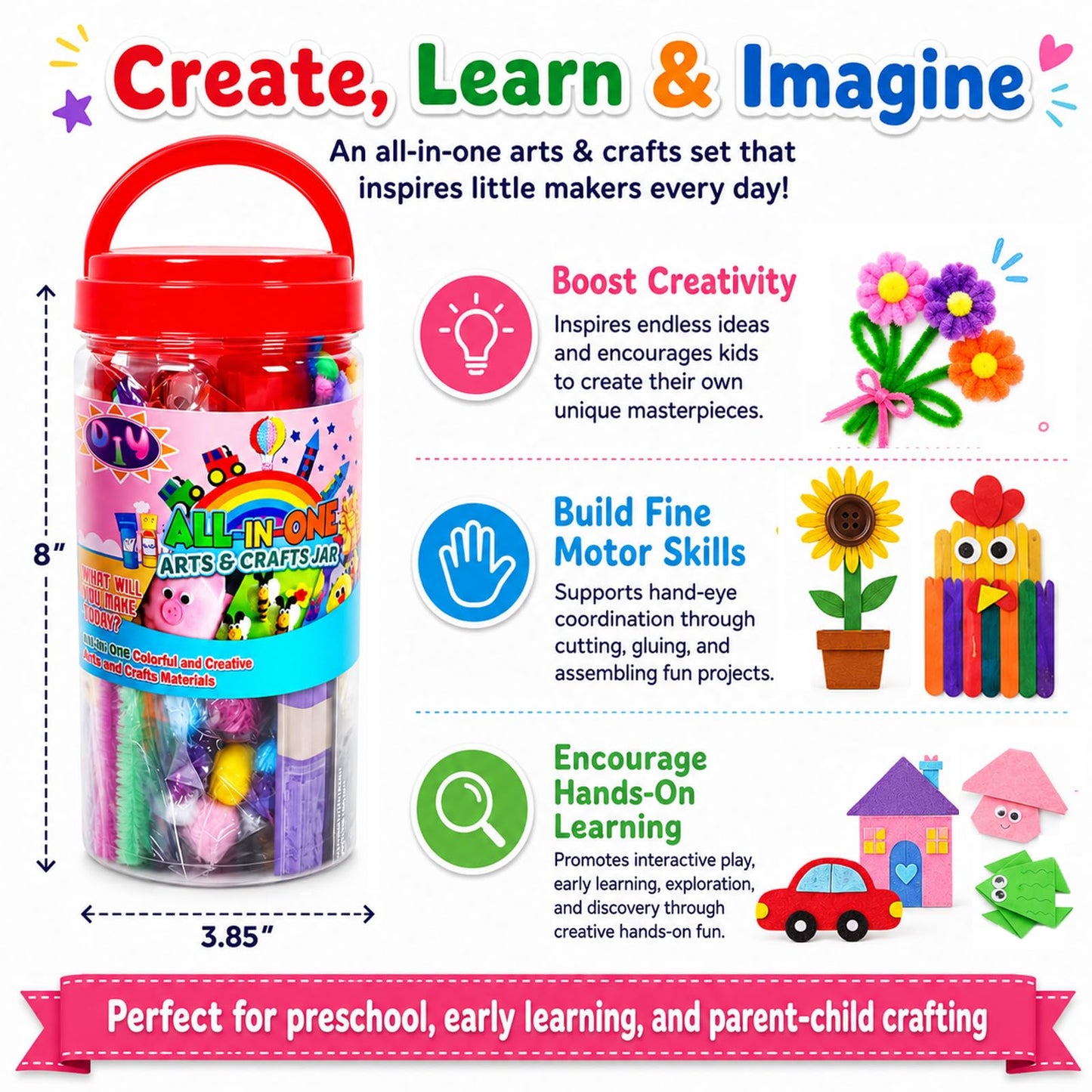 FUNZBO Arts and Crafts Supplies for Kids - Toddlers Craft Kit with Glitter Glue Stick, Pipe Cleaners, Pom Poms, Popsicle Sticks Tools, DIY School