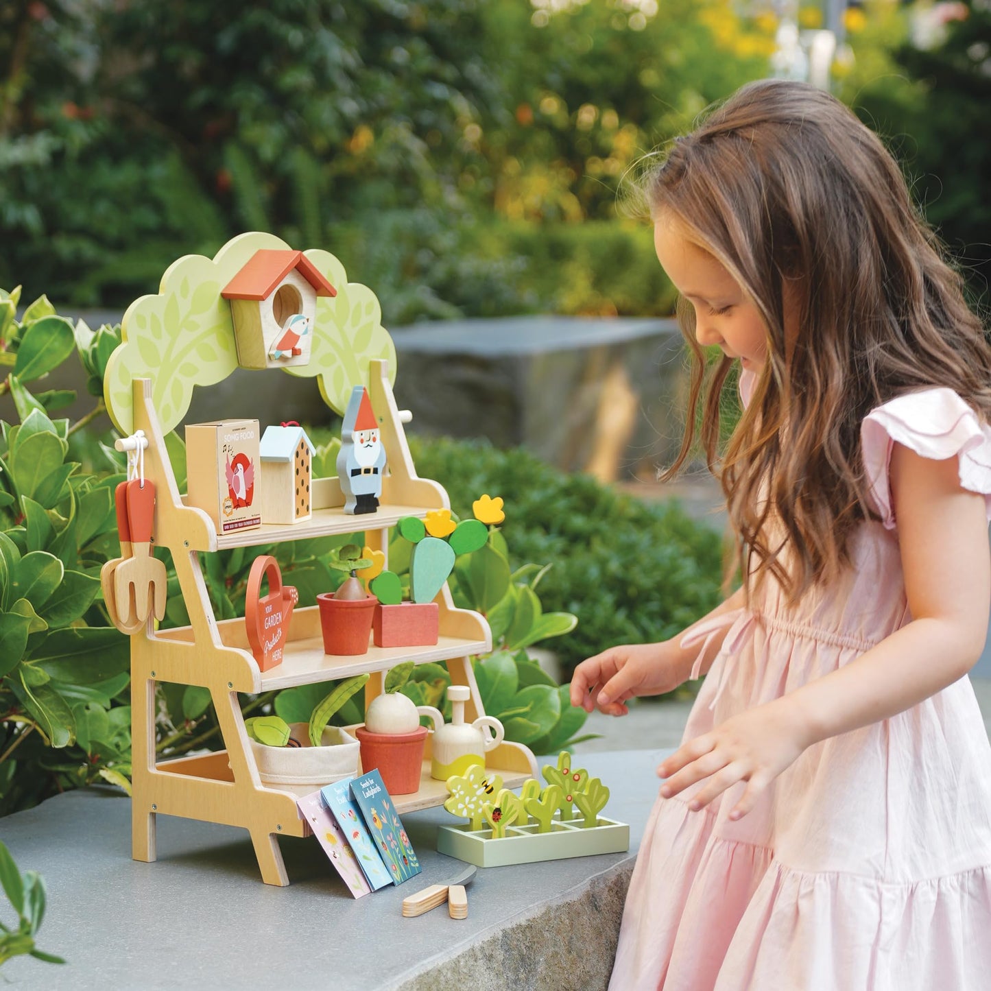 Tender Leaf Toys - Garden Centre - Wood Pretend Play Gardening Set Including Tools, Bird House, Gnomes and Accessories - Encourages Imaginative Play