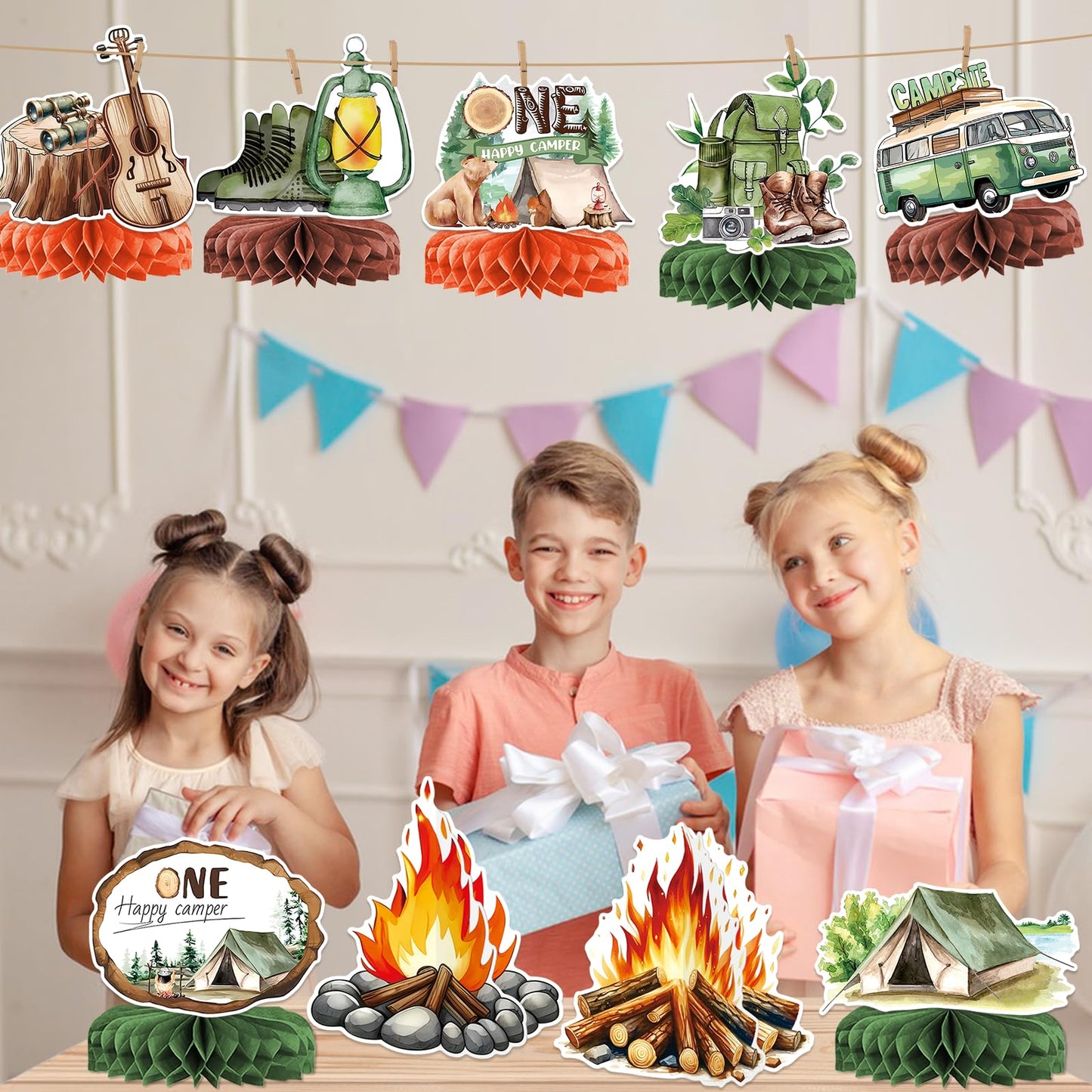 9 PCS Camping Honeycomb Centerpieces with Fake Campfire, Camping Table Decorations, Camping Decorations, Camping Themed Party Decorations, Camping