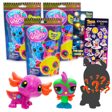 Littlest Pet Shop Blind Bags - Bundle with 3 Cute Animal Mini Figures for Kids, Adults Plus Stickers | Littlest Pet Shop Blacklight Figures Series 1