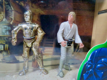 Star Wars The Power of The Force 3-Pack Movie Scene 4 Inch Tall Action Figure Set - Purchase of The Droids with Uncle Owen Lars, C-3PO, and Luke