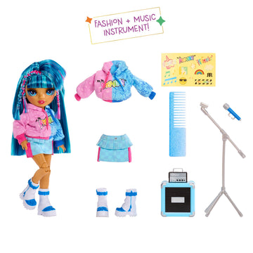 Rainbow High Jr High Rock Band - Skyler, Blue 9” Fashion Doll with Microphone Plus Stand and Amp, Customize with Stickers, Posable, Great Toy Gift for