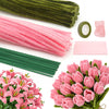 iCraftine Pipe Cleaner Flower Kit, Including Pink and Green Chenille Stems, Floral Stem, Gardening Tape, Ribbon for Making Flower Bouquet