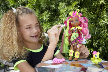Mattel Cave Club Fernessa Doll (8-10-inch, Pink Hair) Poseable Prehistoric Fashion Doll with Dinosaur Pet and Accessories, Gift for 4 Year Olds and Up