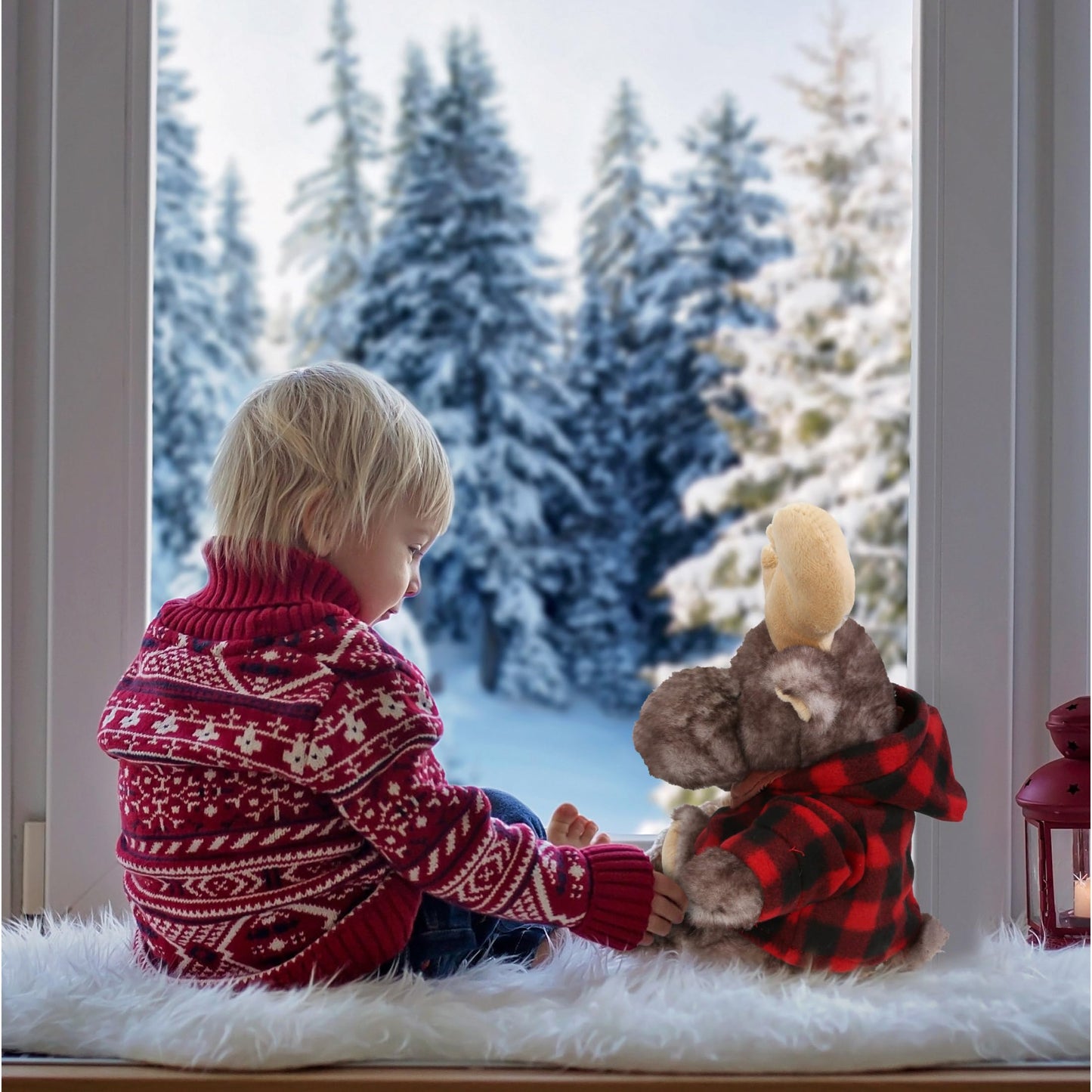 DolliBu Soft Brownish Sitting Moose Stuffed Animal with Plaid Red Hoodie Sweater and Personalization - Moose Plush Lumberjack Stuffed Toy with Plaid