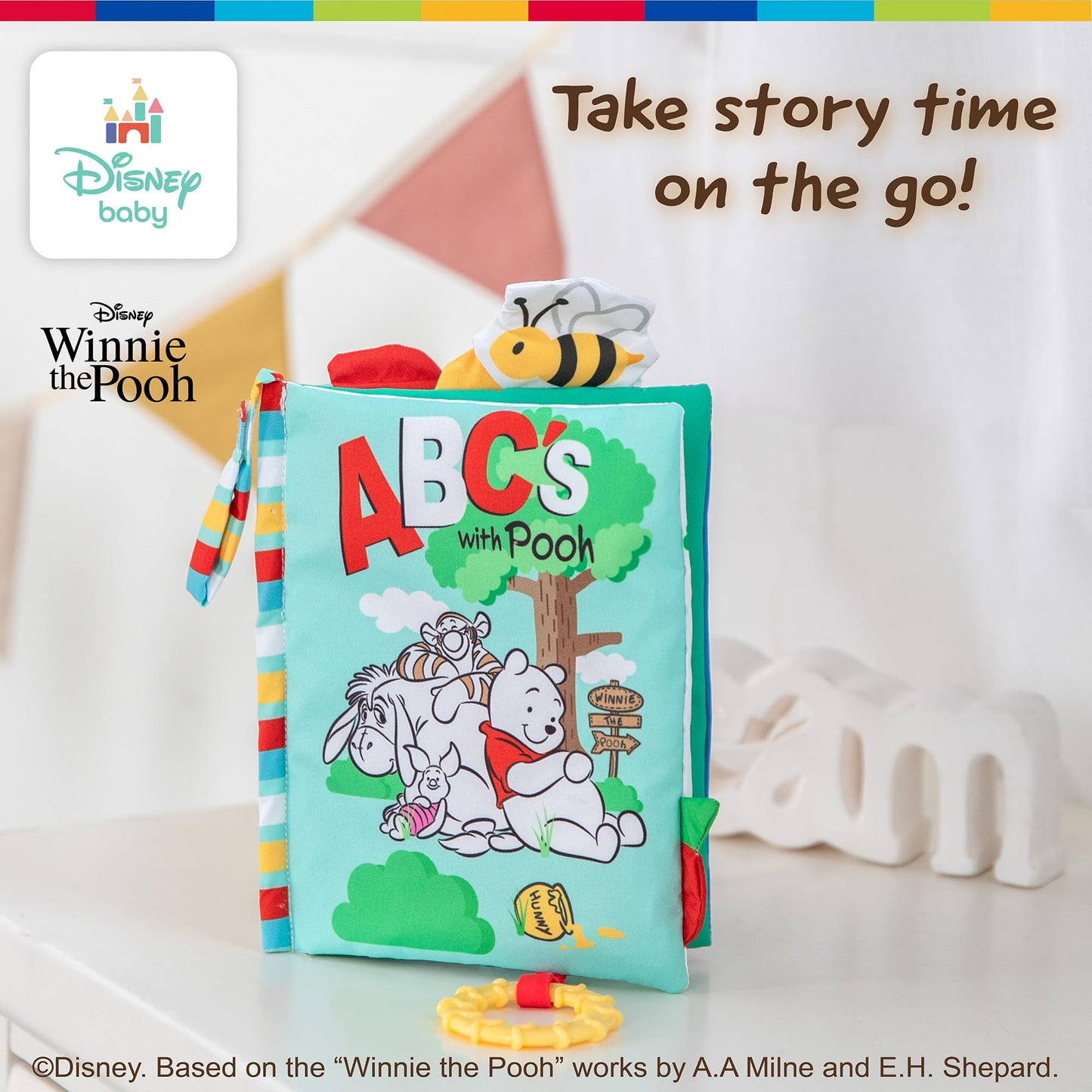 Kids Preferred Disney Baby Winnie The Pooh Deluxe Soft Book Abc's with Pooh On-The-Go Sensory Books for Babies with Crinkle Pages and BPA Free Teether
