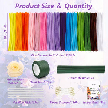 1050 PCS Pipe Cleaner Flower Kit, 15 Assorted Colors Pipe Cleaners Craft,Chenille Stems for DIY Flower Making Kit with Instructions,Floral