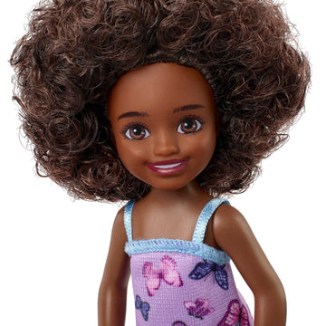 Barbie Chelsea Doll (Curly Brunette Hair) Wearing Butterfly-Print Dress and Pink Shoes, Toy for Kids Ages 3 Years Old & Up