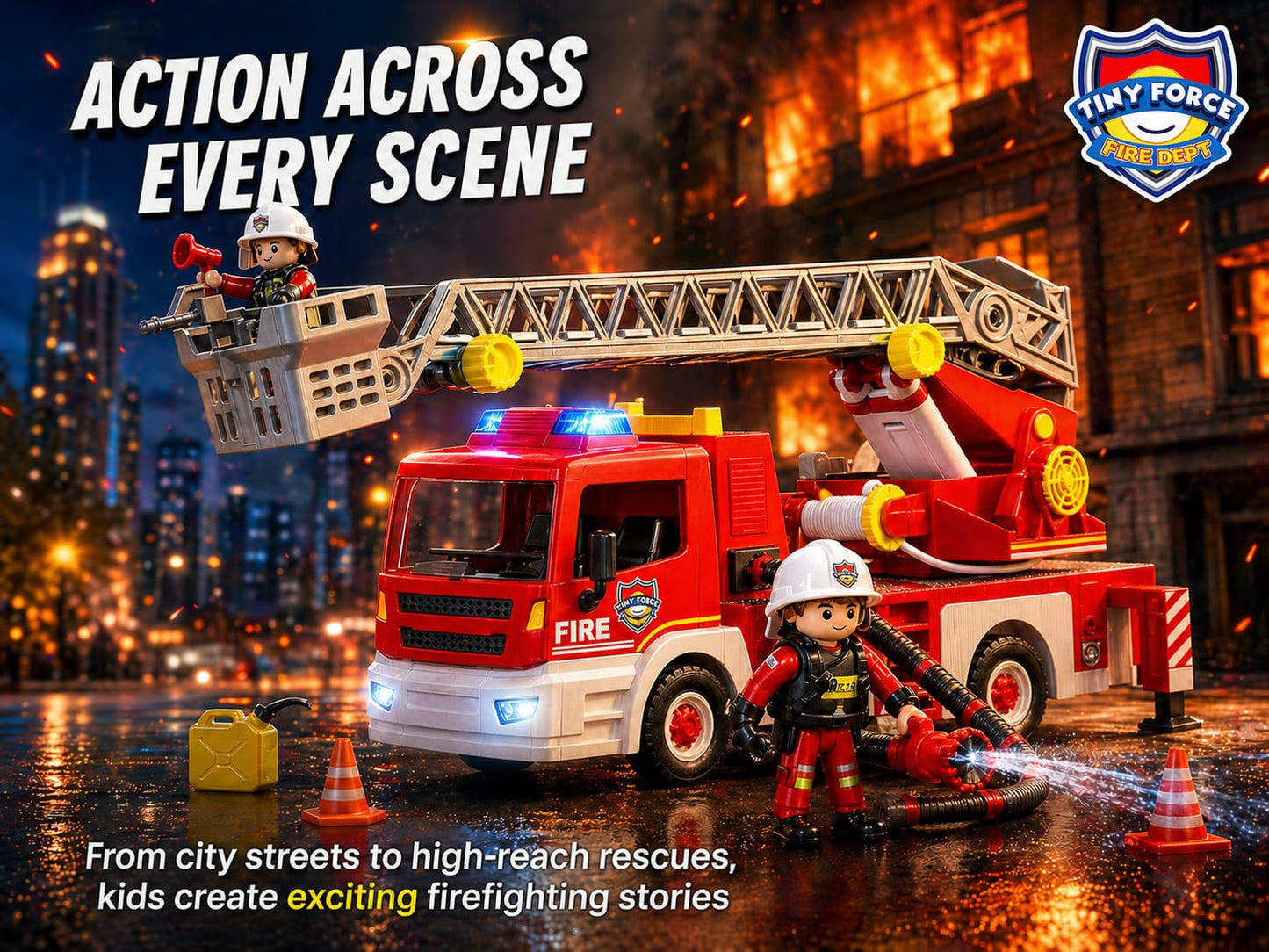 Tiny Force Toy Ladder Fire Truck Toy - Firefighter Fire Truck with Extendable Fire Ladder, Toy Truck for Kids, Perfect Firefighter Gift for Pretend