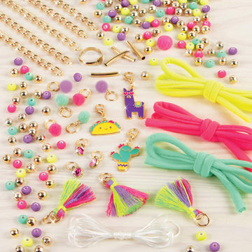 Make It Real: Neo-Brite Chains & Charms Kit - Create 10 Unique Cord & Tassel Charm Bracelets, 195 Pieces, Includes Play Tray,DIY Playful Charm