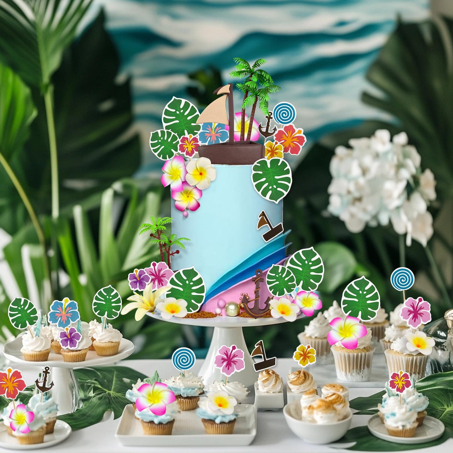 27PCS Coconut Tree Boat Hook Flower Cake Top Flower Cake Decoration Boat Birthday Party Decoration Supplies