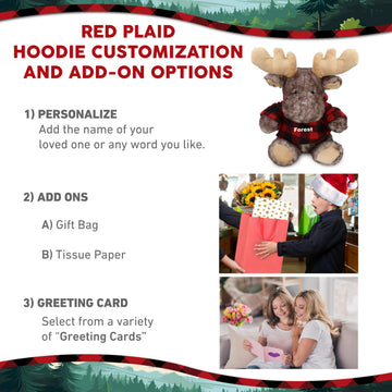 DolliBu Soft Brownish Sitting Moose Stuffed Animal with Plaid Red Hoodie Sweater and Personalization - Moose Plush Lumberjack Stuffed Toy with Plaid