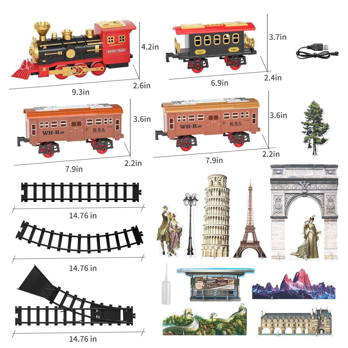 TEMI Train Set for Kids Toddlers 3-5, Train with Steam Engine, Cargo Car and Long Track, Rechargeable Battery Play Red Train Toys with Smoke, Light