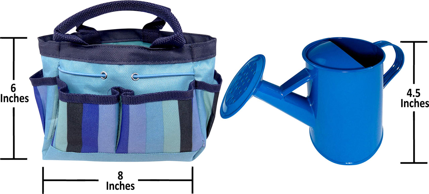 Kids Garden Set & Bucket Hat Combo: Real Metal Tools & Wooden Handles; Shovel, Rake & Pitch Fork, Pitcher, Gloves & Carrying Bag. Sure-Fit Adjustable