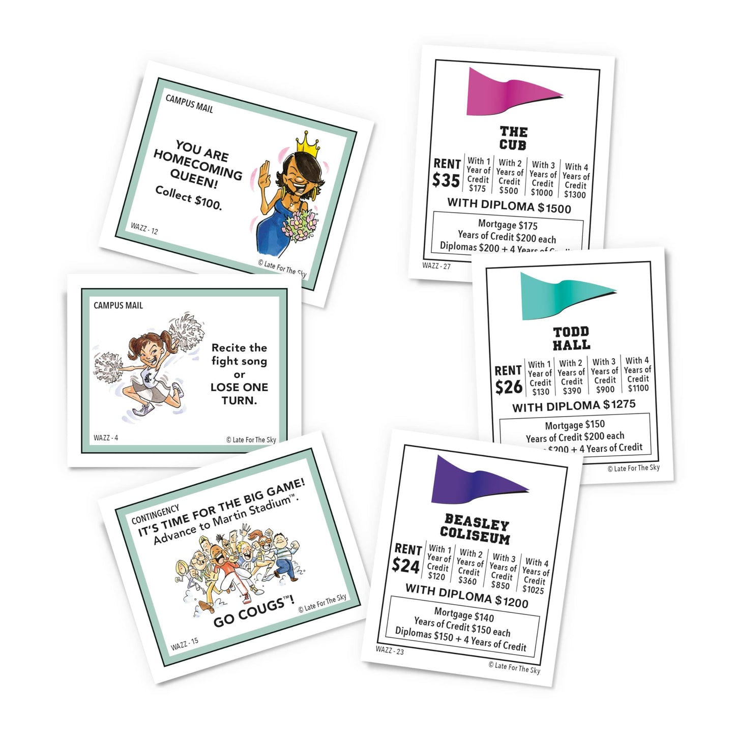 Late for the Sky Wazzuopoly Washington State University Board Game, Opoly-Style Edition for Alumni, Students & Families, 2-6 Players, One-Hour Mode