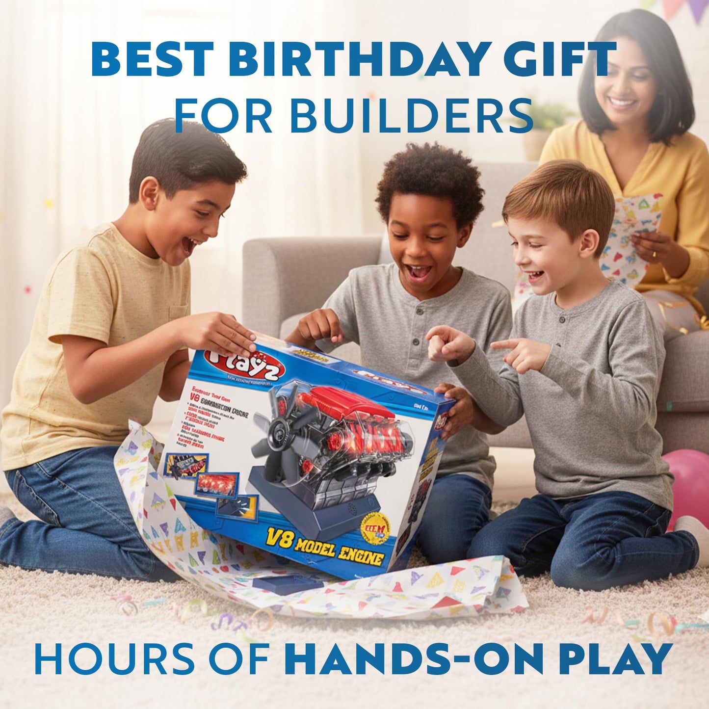 Playz V8 Combustion Engine Model Kit that Runs - Build Your Own STEM Mini V8 Model Engine Kit for Adults & Kids Age 12+, Visible V8 Mini Engine Kit