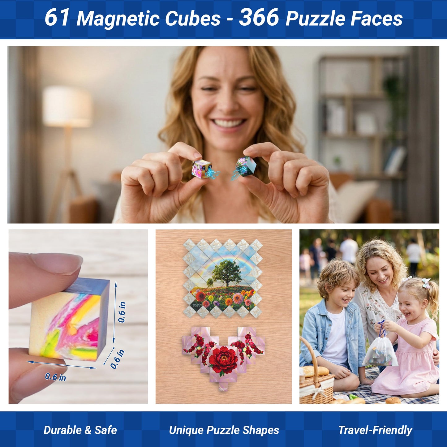 TOSY Picture Cube I Love You Mom: 6-in-1 Magnetic Picture Puzzle, 61 Blocks, 366 Puzzle Faces, 0.6in, B031, Seamless UV Art, Display-Ready Frame
