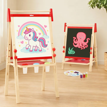 Belleur Wooden Art Easel for Kids 2+, Adjustable Double Sided Easel for Toddlers with Dry-Erase Board & Magnetic Whiteboard & Paper Roll Rod, 28"-40"