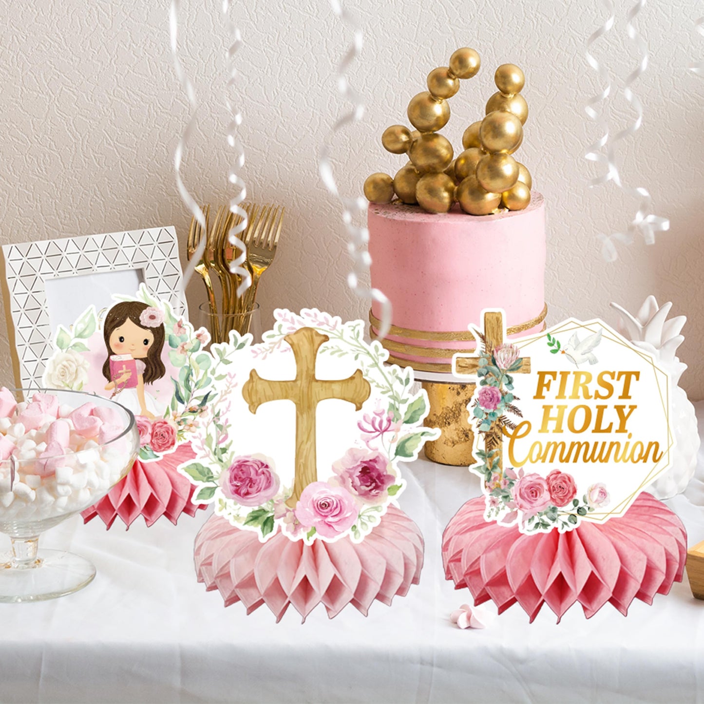 24Pcs First Communion Decorations for Girls - Pink Floral Baptism Centerpieces for Tables Baptism Decorations Honeycomb Centerpiece Double Sided Table
