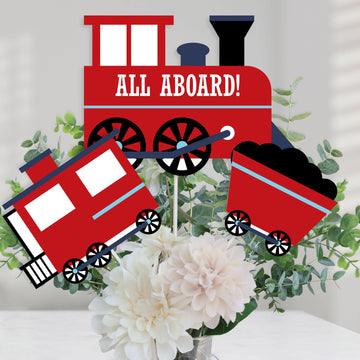 Big Dot of Happiness Railroad Party Crossing - Steam Train Birthday Party or Baby Shower Centerpiece Sticks - Table Toppers - Set of 15