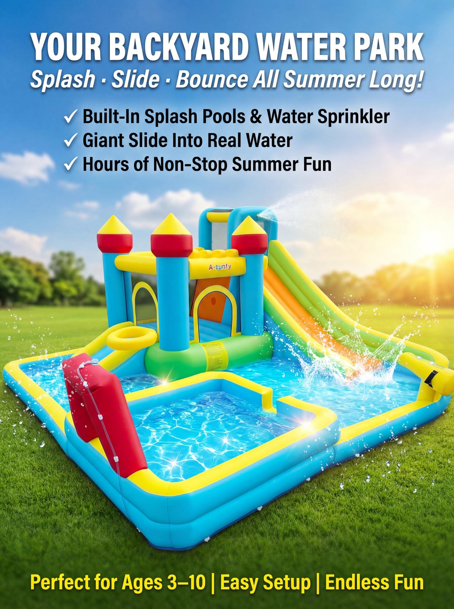 Inflatable Water Slide Bounce House for Kids, 11-in-1 Blow Up Water Park with Long Slide,Basketball Hoop,Splash Pool,Deep Pool, Water Play Center
