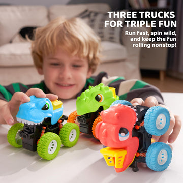 lalalark JOVA Dinosaur Toys for 2 3 4 5 Year Old Boys - 3 Pack Monster Truck Toys with Friction Power 360° Rotating Push and Go Cars - Toddler Cars
