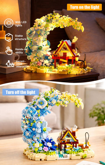 ripplream Fairy Moon Flower Building Block Set with LED Lights, Fairy Cottage Themed Garden Decoration, Creative Home and Office Decoration